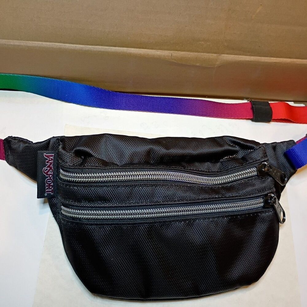 Jansport  Fanny Pack Hippyland Black With Rainbow Strap Waist Pack Hip Bag